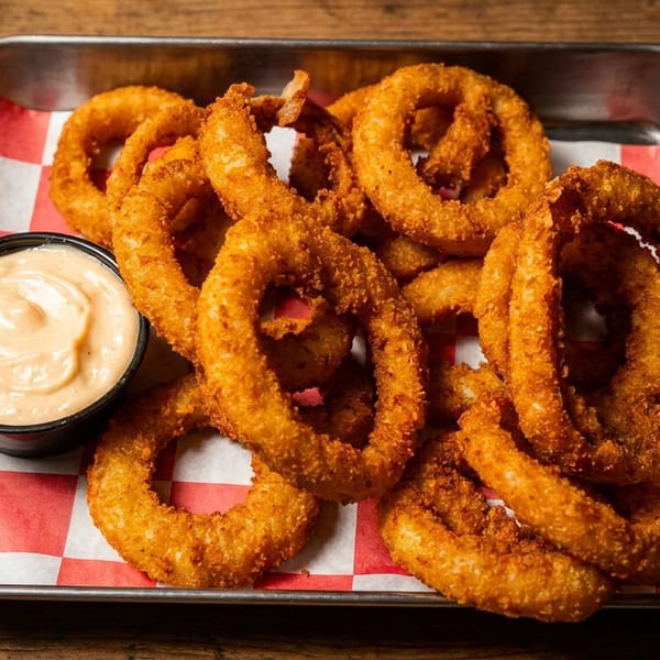 Golden-brown onion rings and creamy dipping sauce on a metal tray with checkered paper.