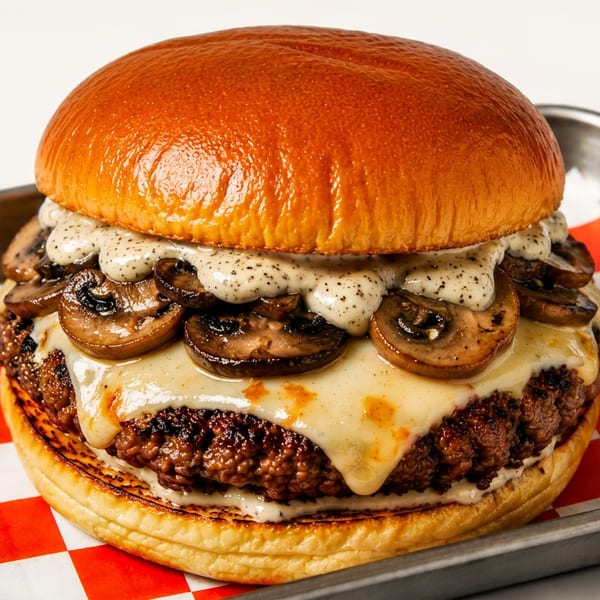Juicy burger with melted cheese, sautéed mushrooms, and creamy sauce on a brioche bun.