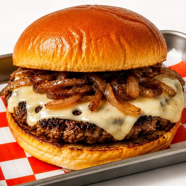 Gourmet burger with melted cheese and caramelized onions on a brioche bun, served on a metal tray.
