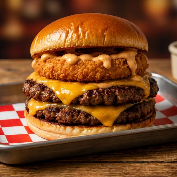 A towering double cheeseburger with melted cheese, a crispy onion ring, and sauce on a checkered tray.