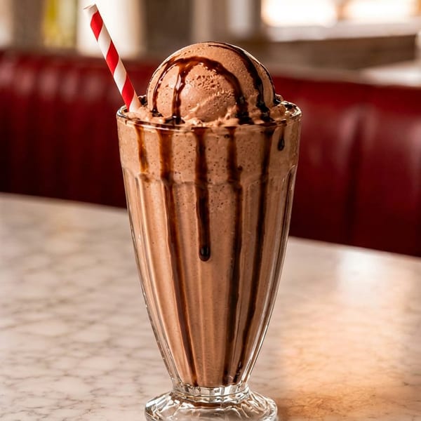 Chocolate milkshake with ice cream scoop, chocolate drizzle, and striped straw on a marble table in a diner.