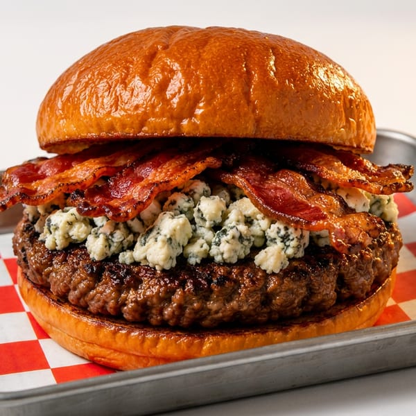Bacon and blue cheese burger on a brioche bun, served on a metal tray with checkered paper.